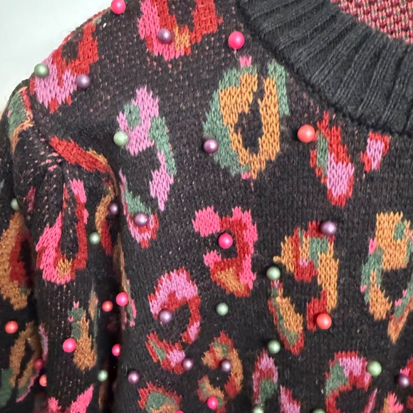 Farm Rio Colorful Beaded Leopard Sweater – Black Multi – Size XL - Picture 3 of 4